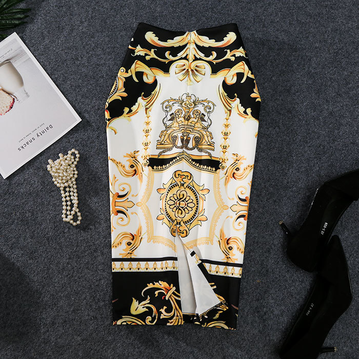 2019 New-Coming European Women Autumn Print Pencil Skirt High Stretch Personality Midi Slip Hip Skirt Female MX200327
