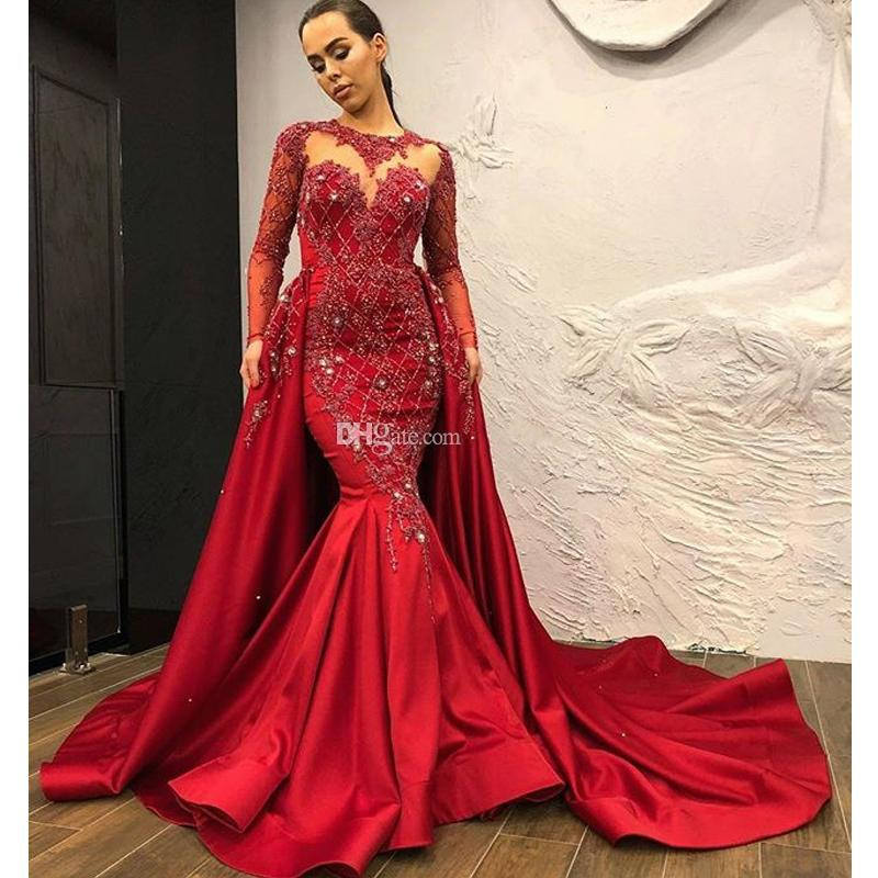 Newest Red Mermaid Evening Dresses with Detachable Train Beading Appliques Crystal Celebrity Prom Gowns Satin Long Sleeve Robe de soiree