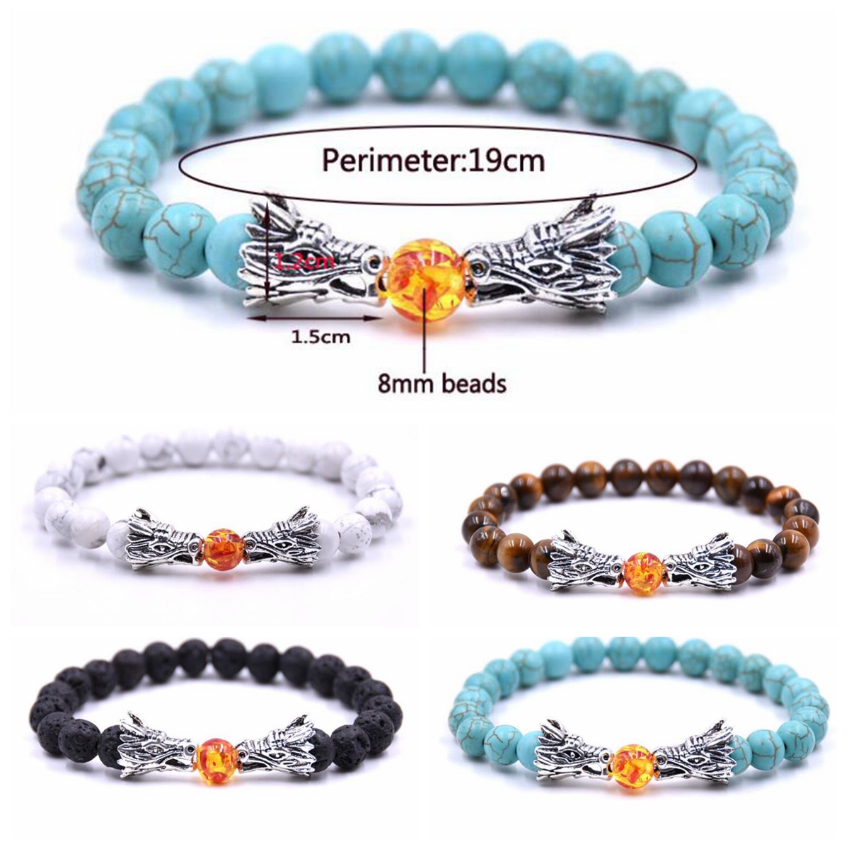 Lava Rock Double Dragon Play Pearl Single Energy Stone Bracelet Men and Women Heal Energy Aura Bracelet