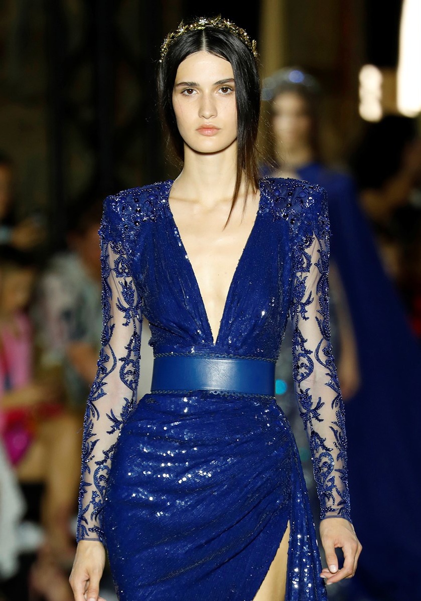 Sexy Sequined Mermaid Prom Dresses 2019 Zuhair Murad Blue Long Sleeve Beaded Thigh High Slits Evening Cocktail Dress robes de so