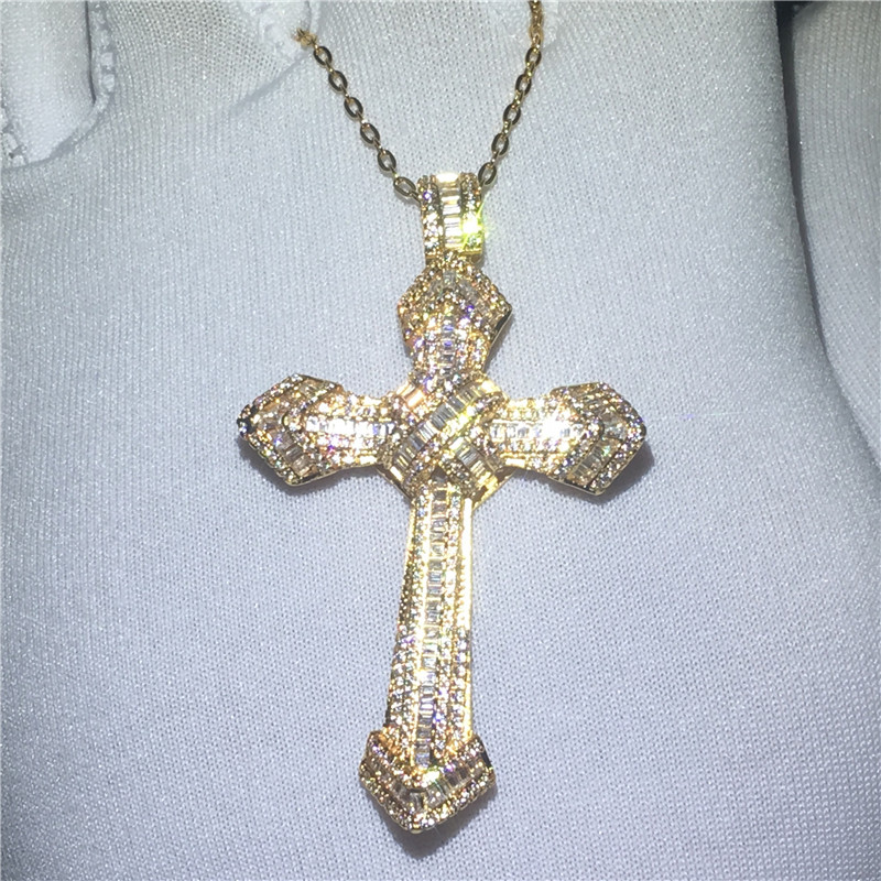 Vecalon Fashion Big Cross pendant Gold Color 925 Sterling silver Diamond Party Wedding Pendants with necklace for Women Men Jewelry Gift