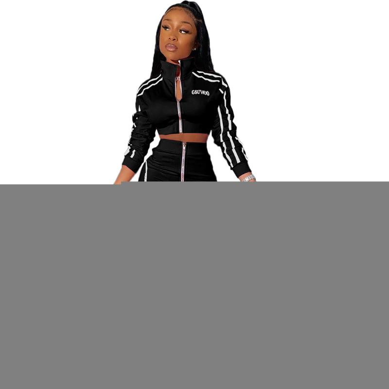 Zippers Striped Patchwork Two Piece Set Women Stand Collar Long Sleeve Crop Tops+High Waist Mini Skirts 2 Piece Female Tracksuit