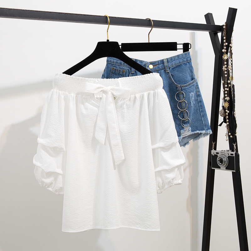 Summer New Off Shoulder Loose Half Lantern Sleeve Solid Cute Blouse Jean Shorts Two-Piece Outfit Casual Sets T200622