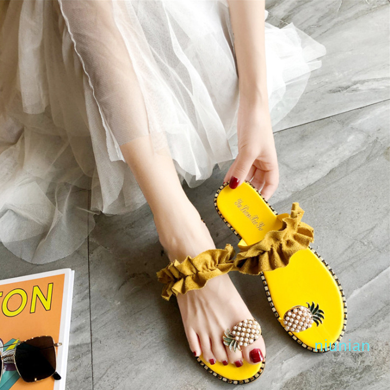 Hot sale-New Slippers Women Shoes Summer Beach Pineapple Flat Slippers Outside Slides Zapatos De Mujer Ladies Shoes String Bead Dropship