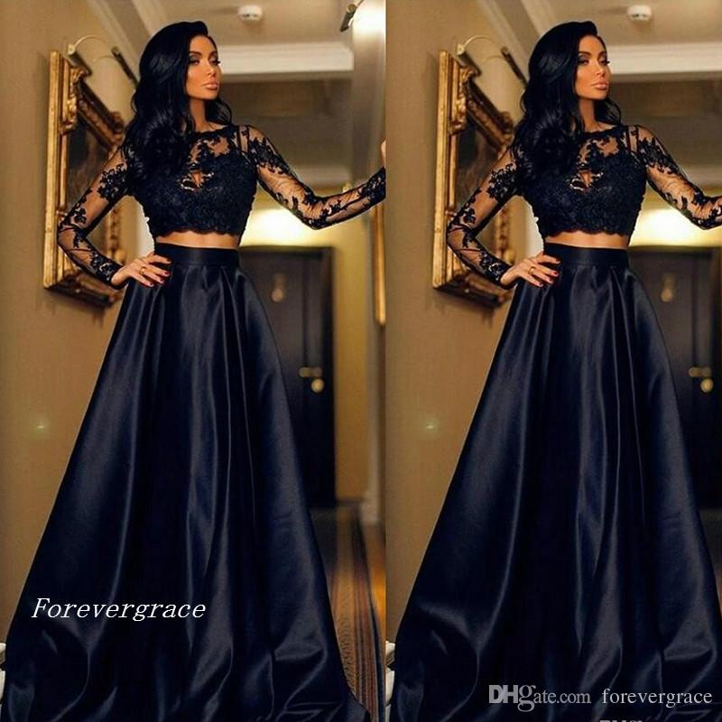 2019 Stylish Black Two Pieces Long Sleeves Lace Appliques Prom Dress New Arrival Jewel Neck Illusion Party Gown Custom Made Plus Size