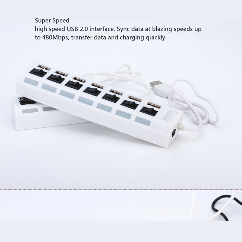 Computer USB 2.0 HUB 7 Port Switch Indicator High Speed Splitter Hub with USB Cable for Desktop Notebook USB Mouse Scanner