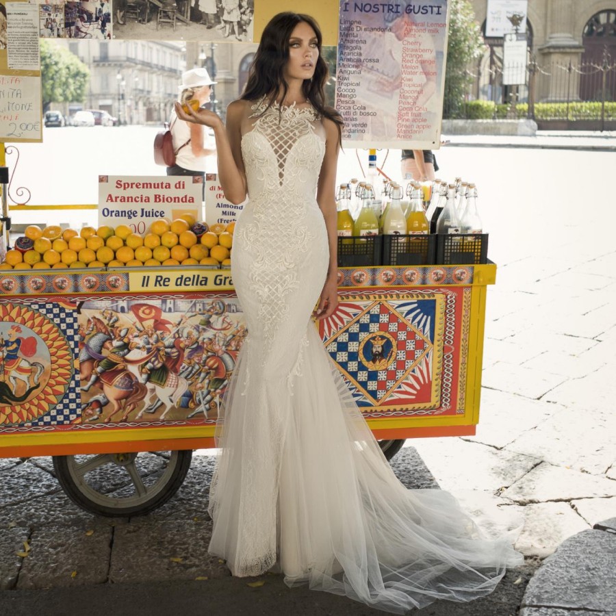 Mermaid Lace Fashion Wedding Dresses Sheer Jewel Neck Appliqued Bridal Gowns Sweep Train Trumpet Tulle Plus Size Robe De Marie