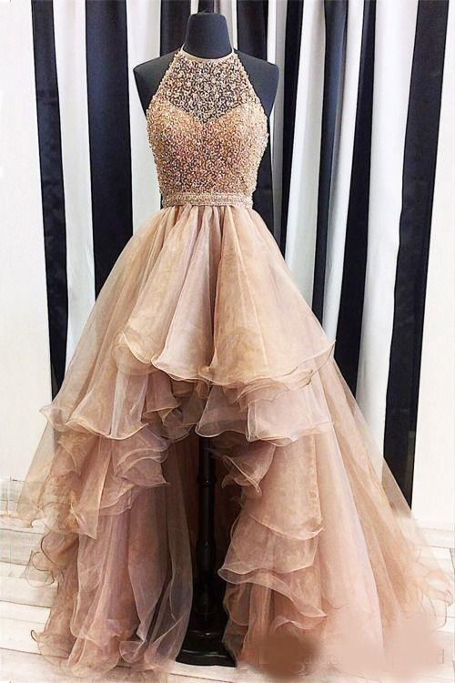 Rose Gold New Arrival High Low 2020 A line Prom Dresses Lace Jewel Illusion Sweetheart Beaded sleeveless Tulle Tiered Skirts evening gowns