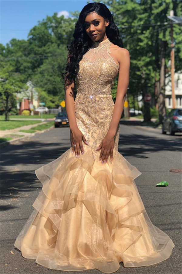 Shiny Champagne Tiered Mermaid Prom Dresses Hlater Neck Beads Evening Party Gowns Formal Dresses African Arabic Party Gowns