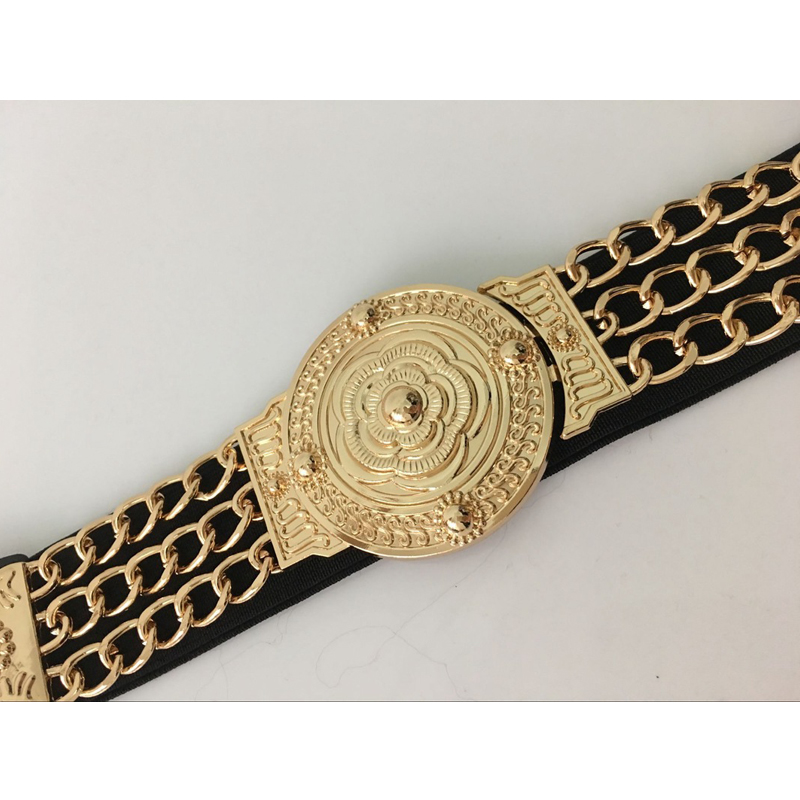 2019 Women Flower Waist Belts Fashion Ladies Floral Elastic Wide Gold Metal Belt For Dress Female Golden Chain Belt Girls