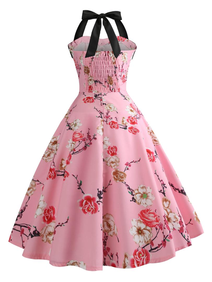 Kenancy Floral Print Flare Vintage Women Dress Summer Halter Sleeveless A-Line Party Mini Dresses Feminino Vestidos Retro Dress
