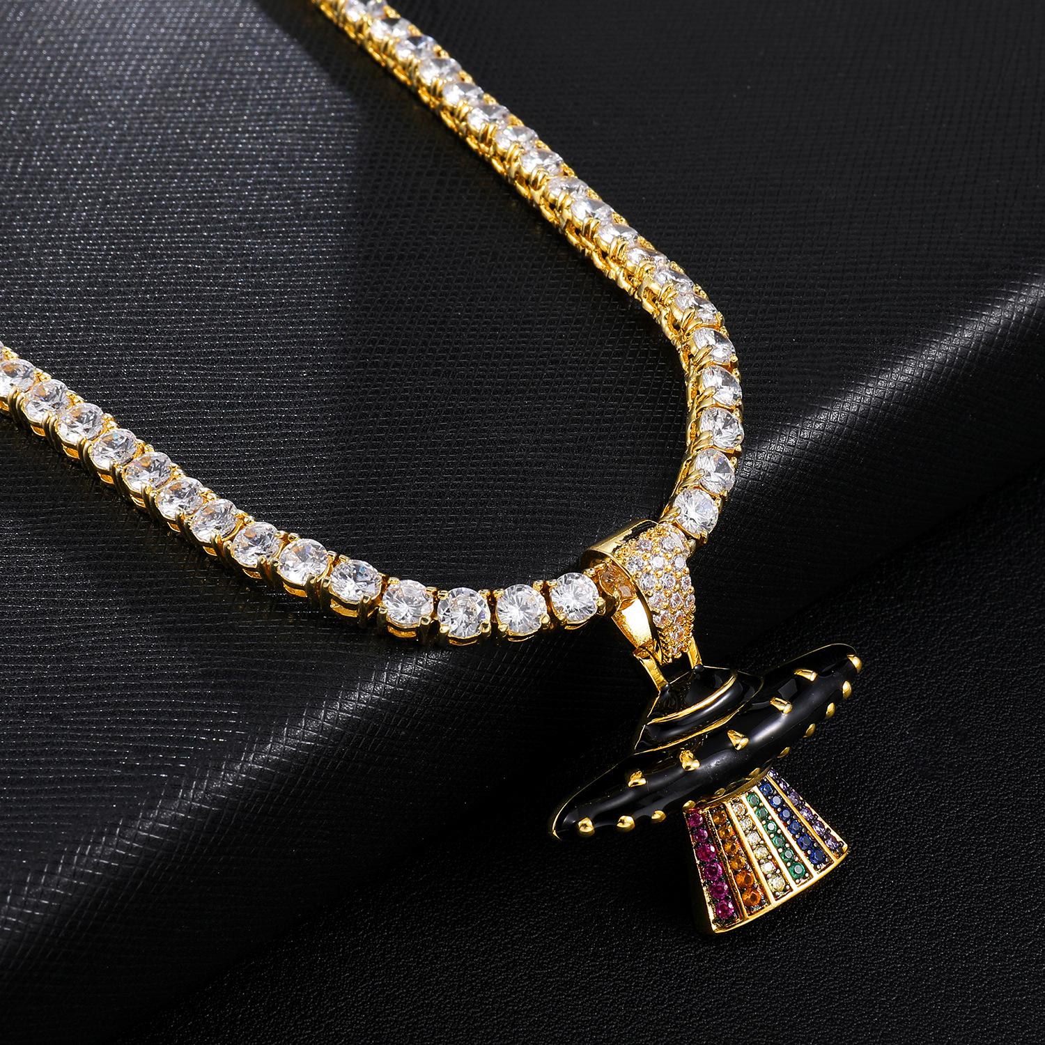 New Fashion Gold Plated Colorful CZ Cubic Zirconia Mens Womens UFO Pendant Cartoon Chain Necklace Personalized Hip Hop Jewelry Gifts for Men