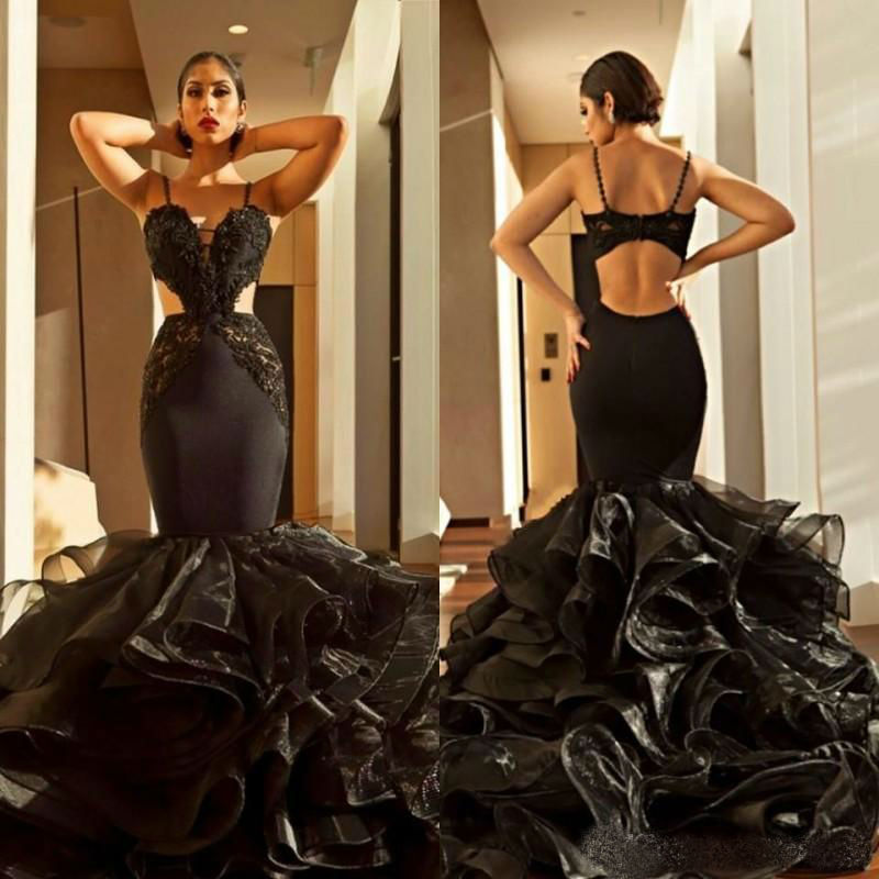 Sexy Black Mermaid Prom Dresses 2019 Spaghetti Lace Cutaway Sides Formal Evening Dress Tiered Ruffles Backless robes de soirée