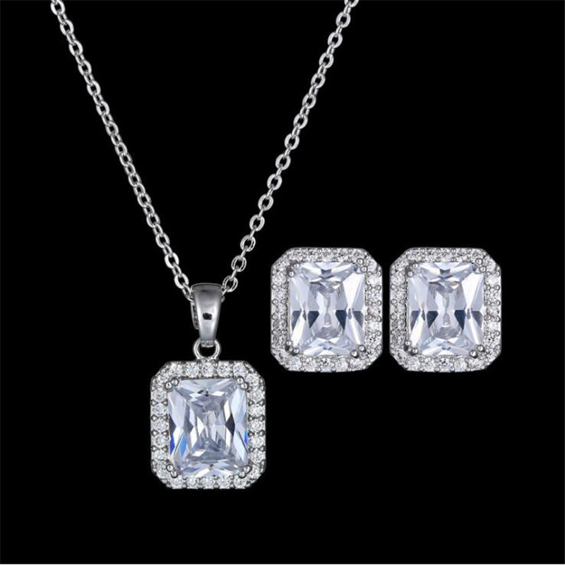 Classical Jewelry Set 925 Sterling Silver Princess Cut Topaz Statement CZ Diamond Gemstones Party Women Wedding Bridal Earring Necklace Gift