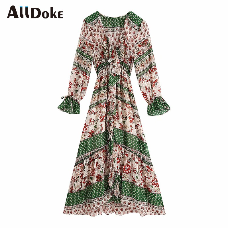 ALLDOKE vintage high waist maxi long dress women summer beach deep v neck boho style ruffles casual ladies dresses vestidos, Green
ALLDOKE vintage high waist maxi long dress women summer beach deep v neck boho style ruffles casual ladies dresses vestidos, Green