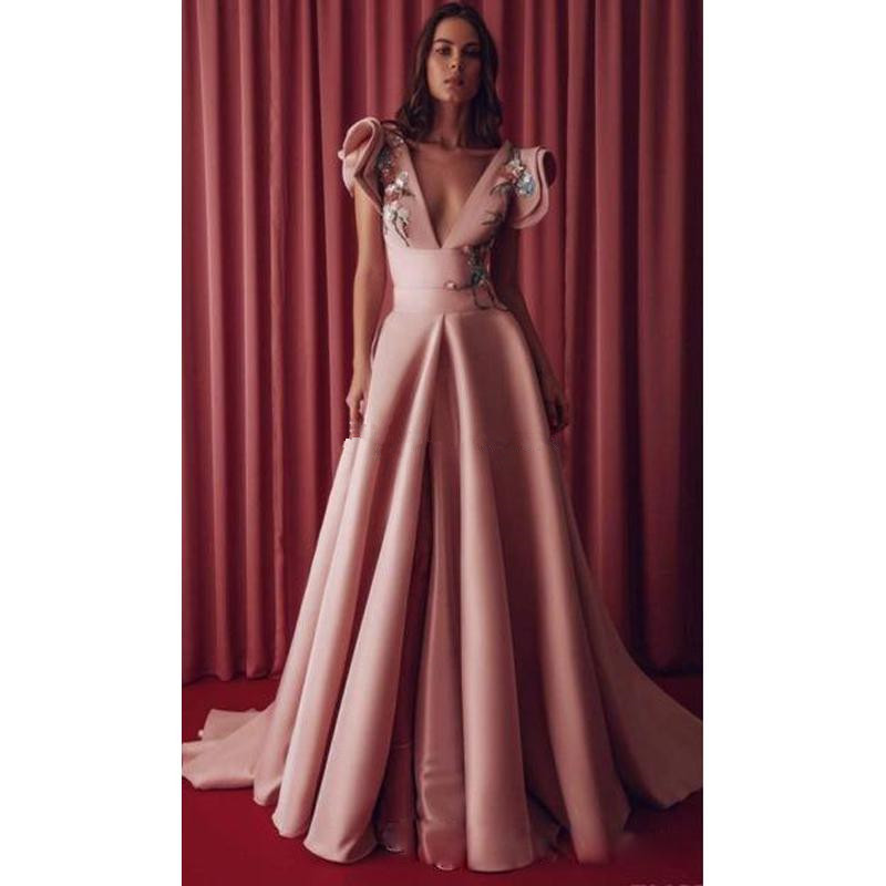Embroidery Pink 2020 Prom Dresses A Line Deep V Neck Ruffles Sleeve Evening Dress Satin Formal Gowns Vestidos de fiesta