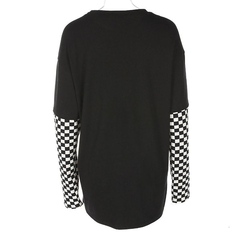 Sweetown Oversized Cotton Long Sleeve T Shirt Checkerboard Patchwork Graphic Tees Women Autumn 2018 Plus Size Harajuku Tshirt V191019