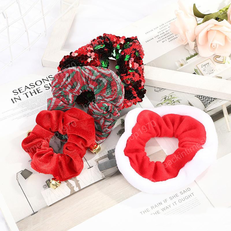 Christmas Girl Hair Scrunchy Ring Elastic Xmas Hair Bands Sequin Red Plaid Large Intestine Sports Dance Scrunchie Soft Hairband