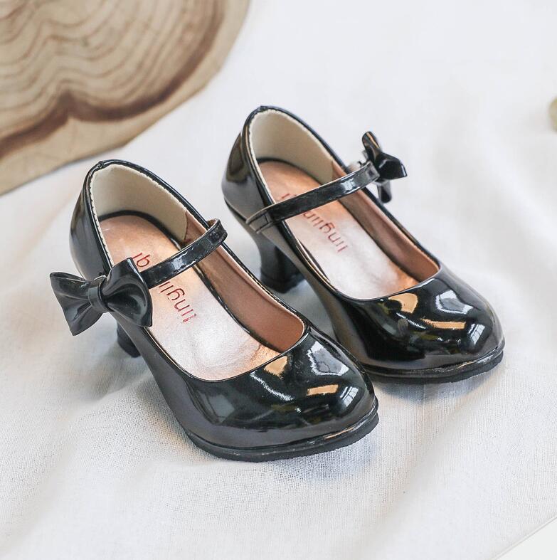 New hot princess leather dance shoes girls party bow shoes shiny Solid Red color high-heeled fashion leather for kids