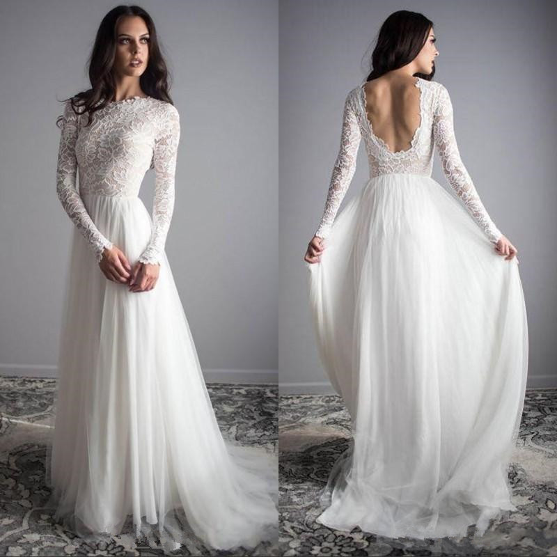 bohemian long sleeves lace tulle backless outdoor bridal dresses vintage wedding gowns vestidos de novia