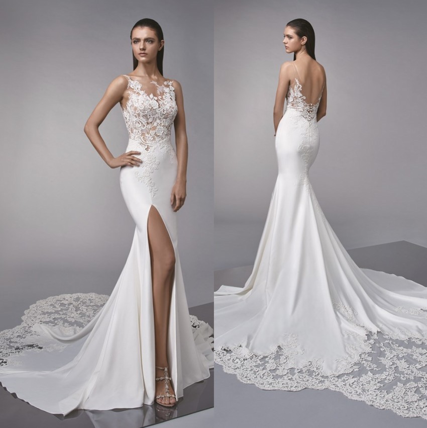 Lace Amazing Mermaid Backless Wedding Dresses Sheer Bateau Neck Side Split Bridal Gowns Appliqued Trumpet Plus Size Robe De Marie