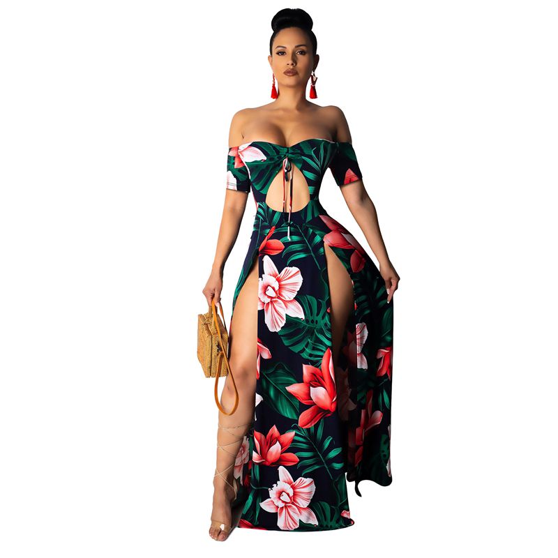 Boho Printed Summer Beach Maxi Dress Strapless Off Shoulder Sexy High Slit Sundress Womens Robe Hollow Out Long Dr