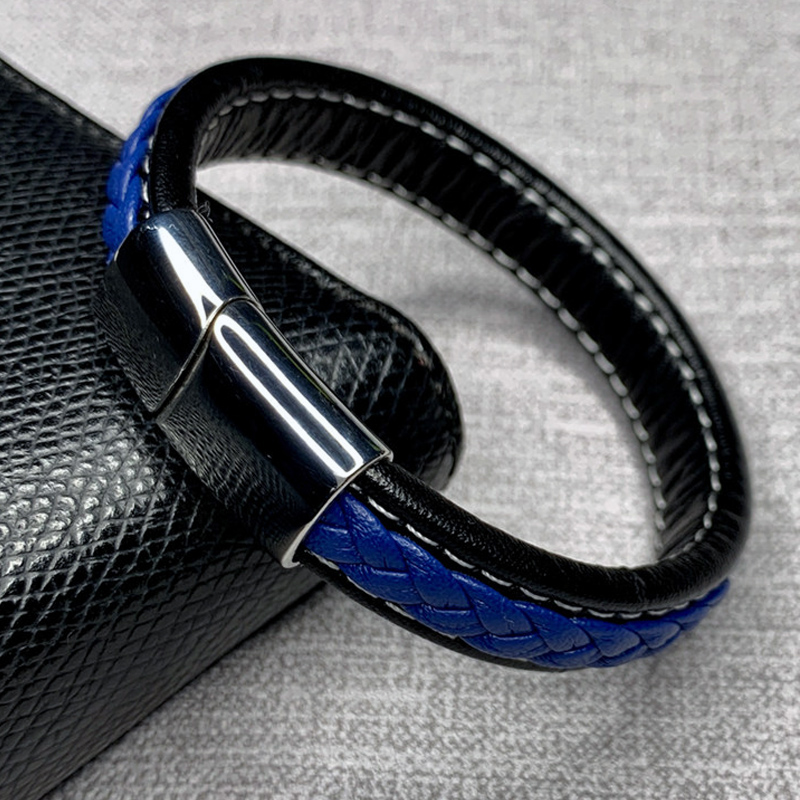 Braided Black Blue Leather Bracelet Men Fashion Stainless Steel Magnetic Buckle Male Wrist Band Charm Bracelets Bangles Gifts