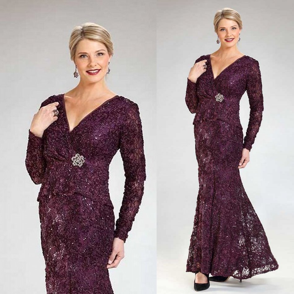 Grape Purple Mother Of The Bride Dresses V Neck Lace Crystal Sequins Ankle Length Mermaid Wedding Guest Dress Custom Long Sleeve Evening