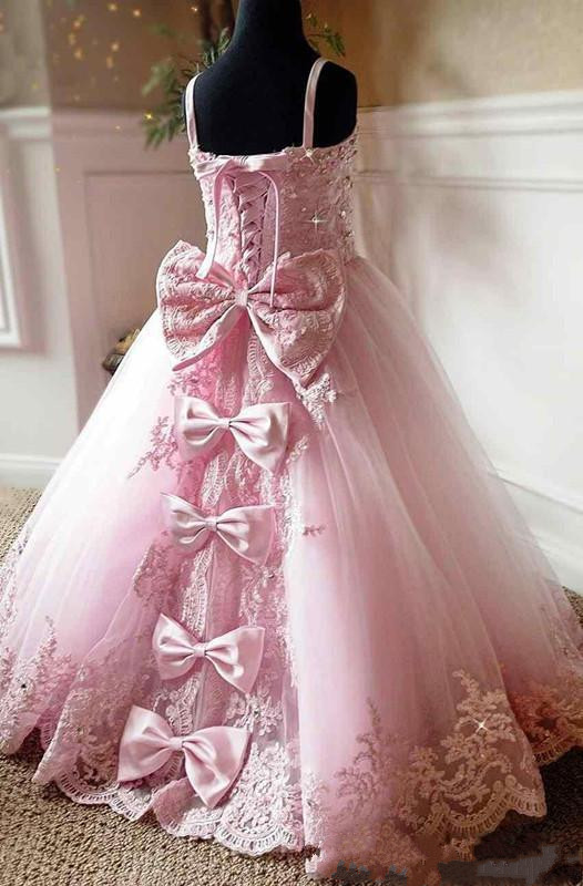 2019 Beaded Pink Lace Appliques Long Flower Girl Dresses Spaghetti Straps Custom Bow Kids First Communion Pageant Party Gowns