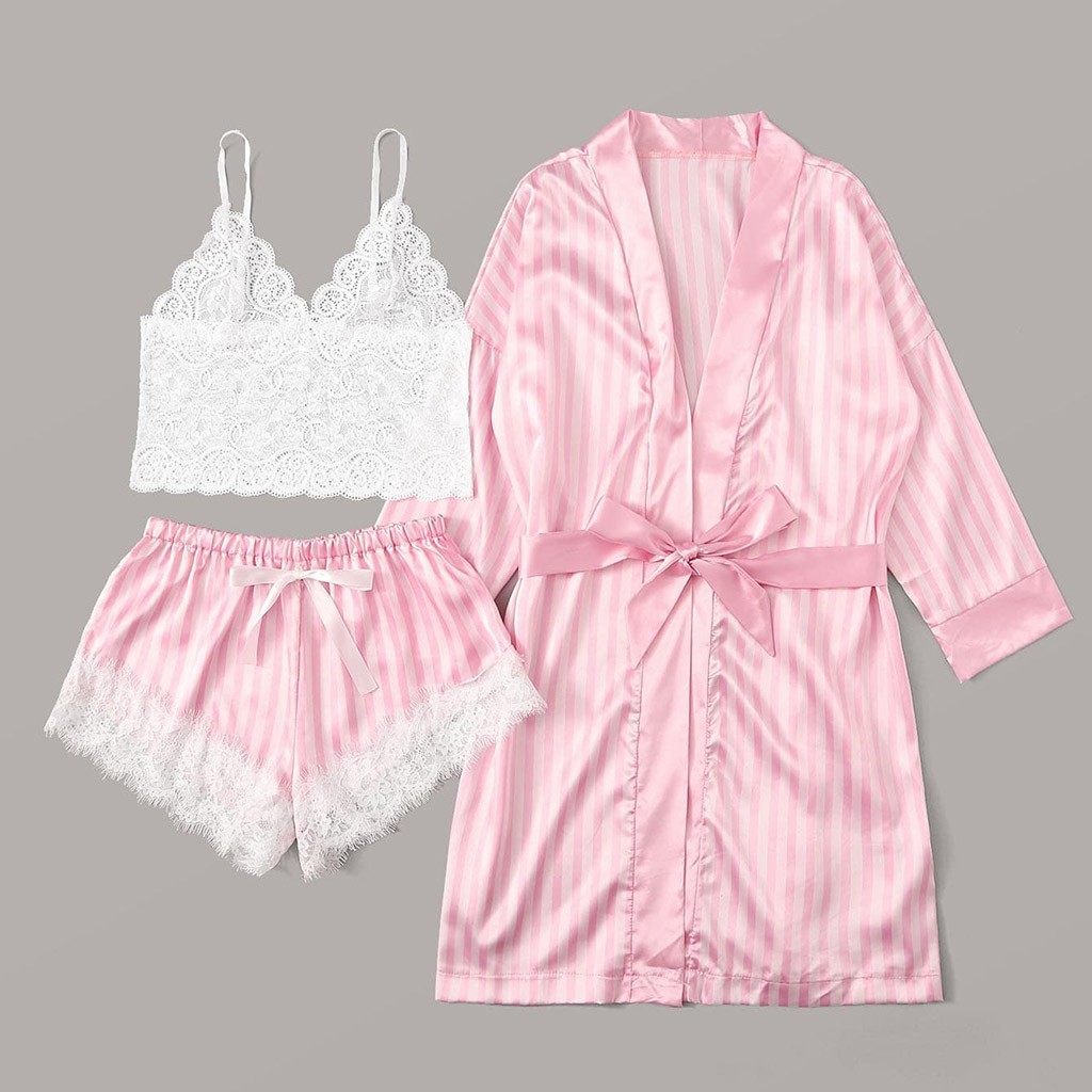 New 3PCS Sexy Lingerie Women Lace Satin Wireless Bra Camisole Shorts Pajamas Sleepwear Stripe Robe Female Nightwear lenceria A40 V191216
