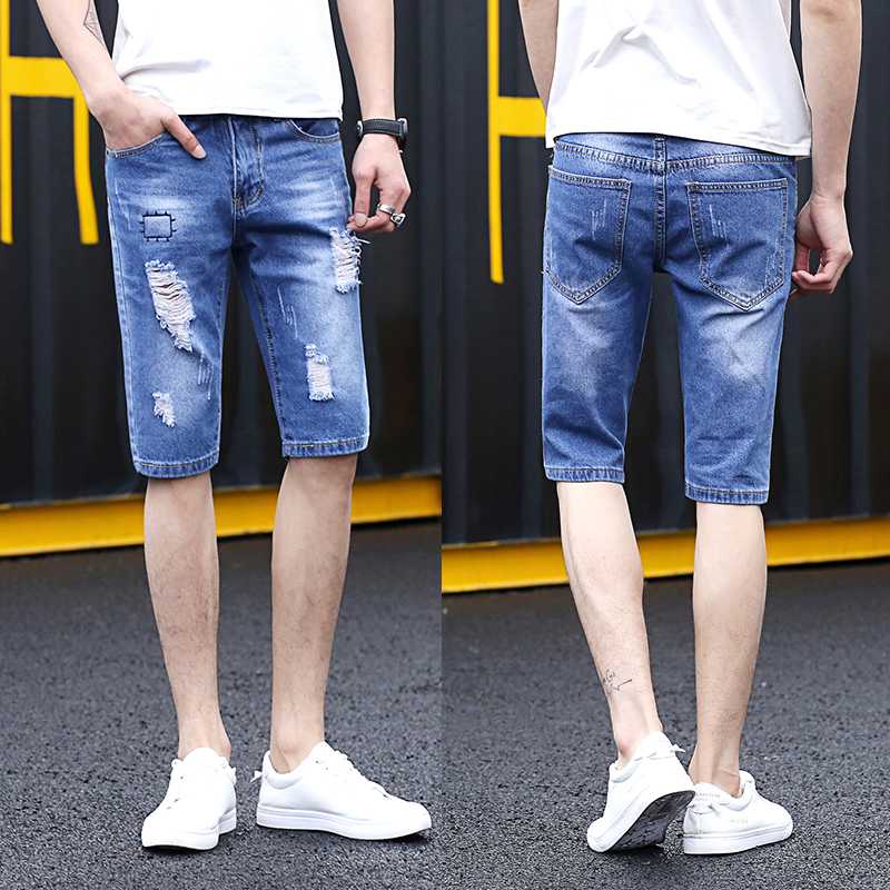 Men's Blue Denim Shorts Men's Summer Fashion Casual Straight Denim Shorts Hole Stretch Short Jeans High Quality Cotton