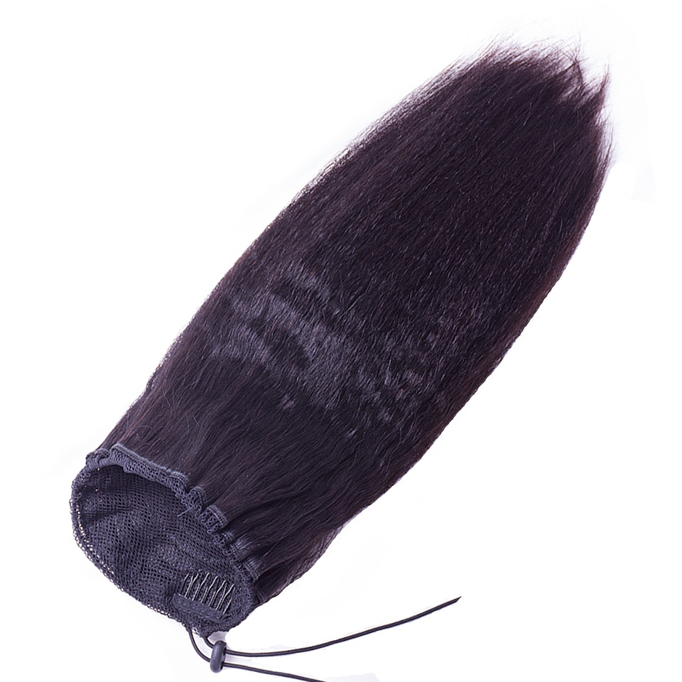 Natural African Girl Kinky Straight Human Hair Drawstring Ponytail Clip In Hair Extensions Natural Color Puff Ponytail Products color 1b