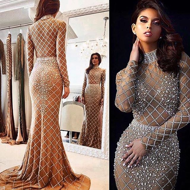 2020 Mermaid Evening Dresses Flesh Color With Rhinestone Prom Dress Long Sleeve Sweep Train Special Occasion Dresses, Gold
