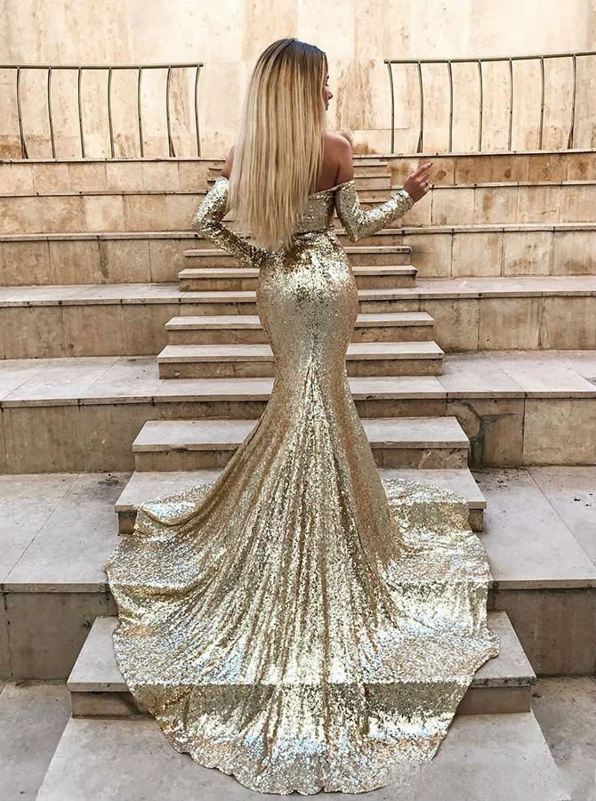 Sexy Slim Fit Mermaid Prom Dresses 2019 Off Shoulder Long Sleeve Sequined Thigh High Slit Cocktail Party Dresses Formal Evening Gowns
