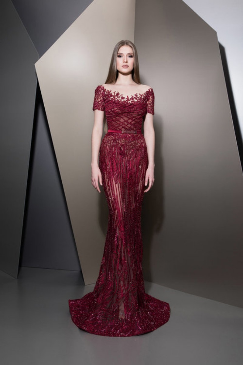 2019 Ziad Nakad Burgundy Mermaid Prom Dresses Scoop Neck Sequined Formal Evening Gowns Short Sleeves Luxury Party Dress For Women