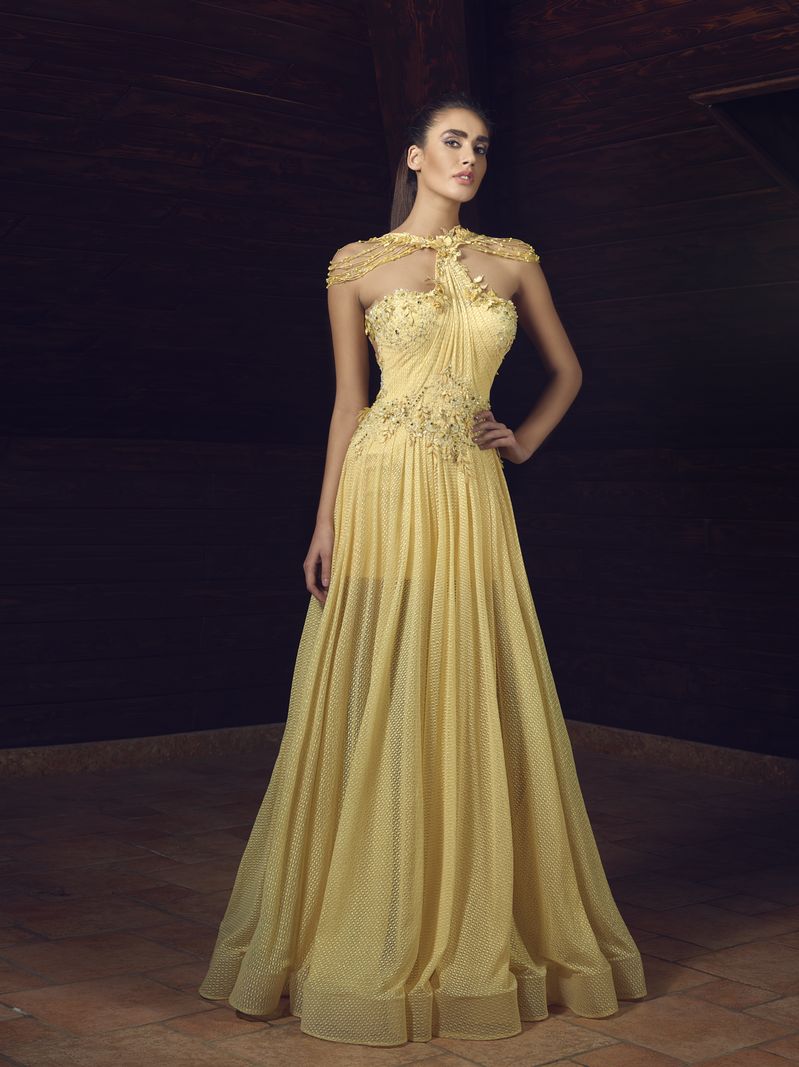 Elegant A Line Light Yellow Prom Dresses Jewel Lace Applique Beads Designer Evening Dress with Ruffles Sexy Bridal Gowns