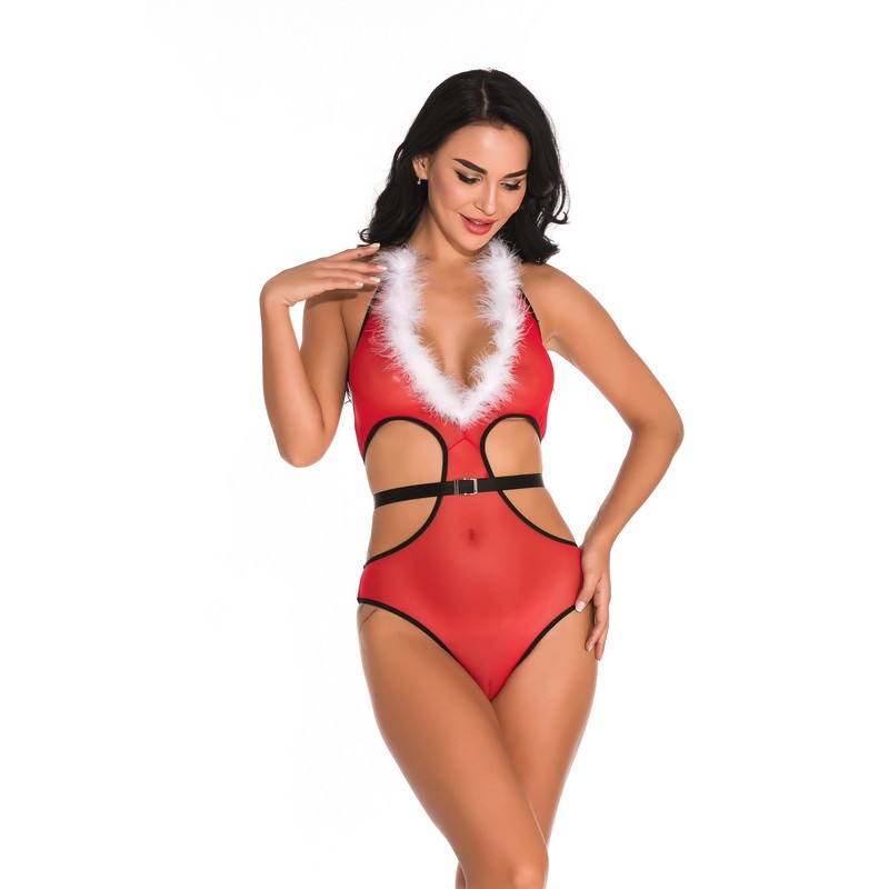 Women Sexy V-plung White Fuzzy Trim Neckline and Side Cut-out Christmas Holiday Red Mesh High-cut Teddy with Black Belt Lingerie Nightwear
