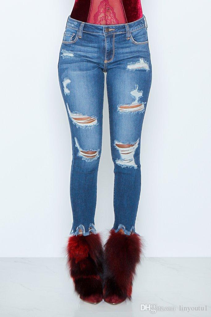 2020 Autumn New Skinny High Waist Blue Jeans Woman Casual Ripped Distressed Pants Ladies Washed Streetwear Jeans Womens
