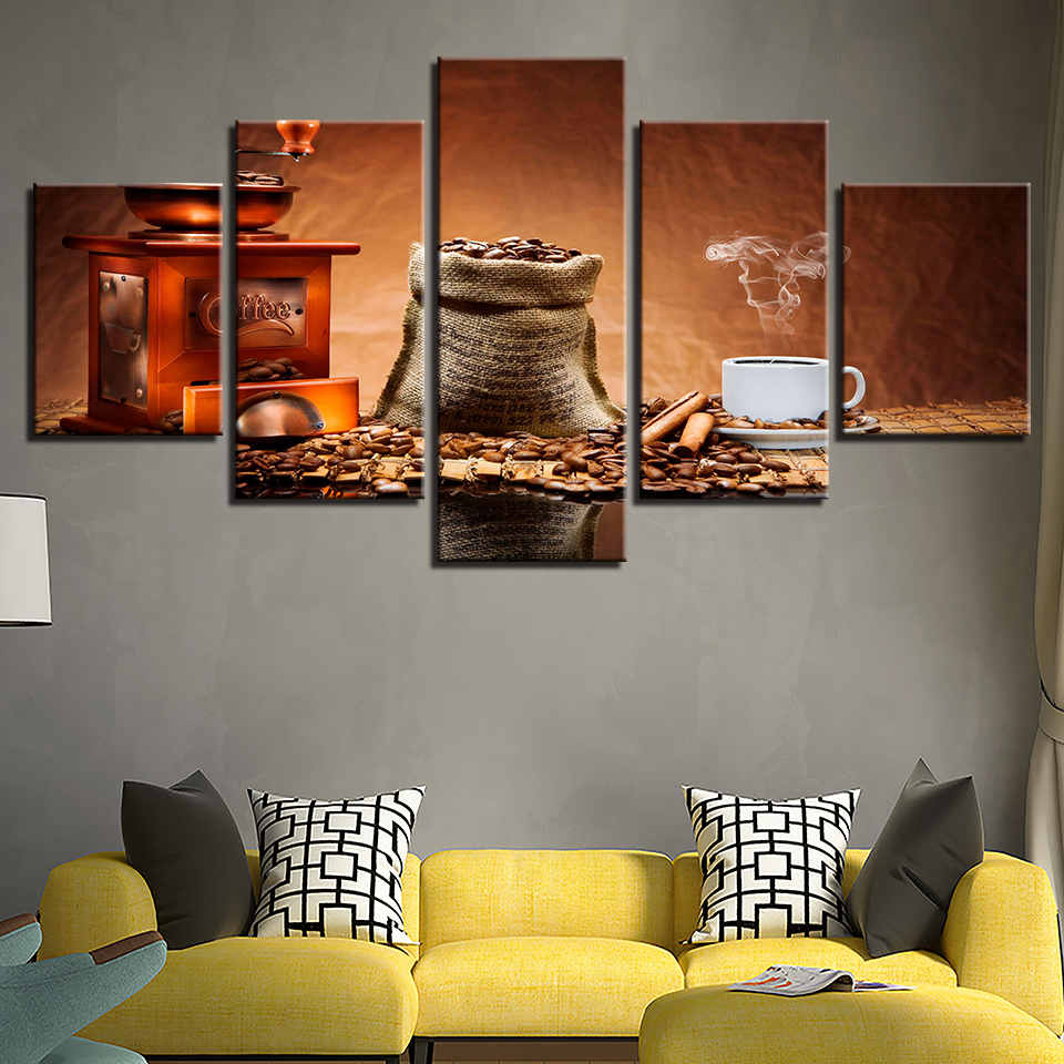 Modern Home Decor Canvas Pictures HD Prints 5 Pieces Coffee Beans Painting Coffee Aroma Cup Poster Restaurant Wall Art No Frame