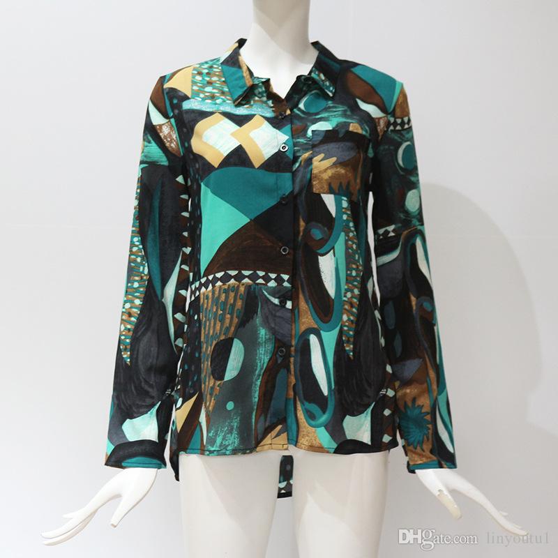 2020 Women Chiffon Blouses Long Sleeve Turn Down Collar Office Shirt Geometric Print Blouse Loose Casual Tops Plus Size Chemise Femme