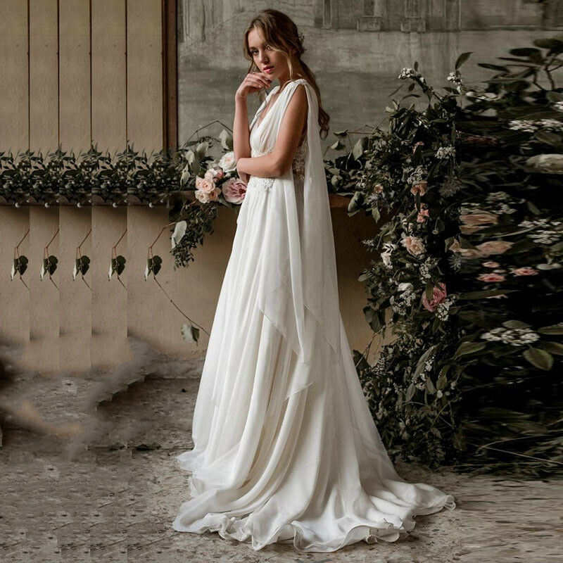 Berta Beach Wedding Dresses Chiffon V Neck Lace Appliqued Bridal Gowns Illusion Backless Bohemian Floor Length Wedding Dress
