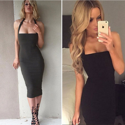 Fashion Black Bodycon Cocktail Party Dresses For Little girl Junior Short Prom Dress 2019 Bandage Halter Tea Length Holiday Cheap Stock Gown