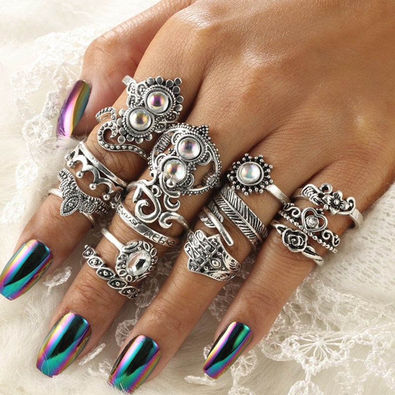 Silver vintage carved openwork palm heart shaped opal crown leaf joint ring 16 piece set ladies