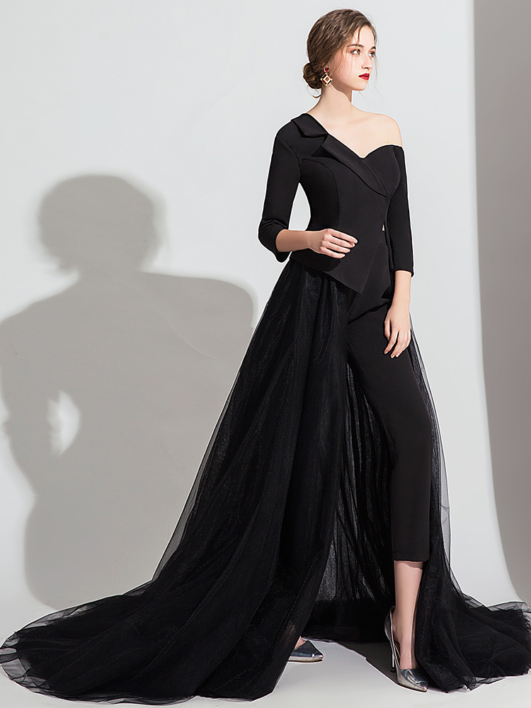 Elegant Evening Dresses Black/White Jumpsuit Pant Long Sleeve Formal Dress V Neck Arabic Dubai Prom Gown 2022