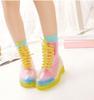Hot Sale-Shipping PVC Transparent Womens Colorful Crystal Clear Flats Heels Water Shoes Female Rainboot Martin Rain Boots