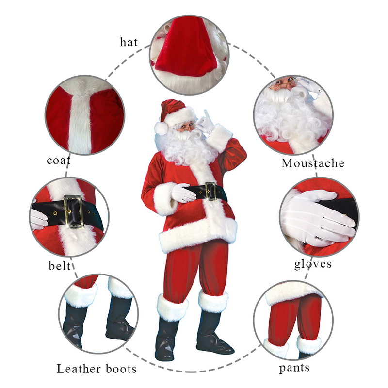 7PCs Adult Santa Claus Costume Flannel Classic Suit Christmas Cosplay Props Men Coat Pants Beard Belt Hat Christmas Set M XL