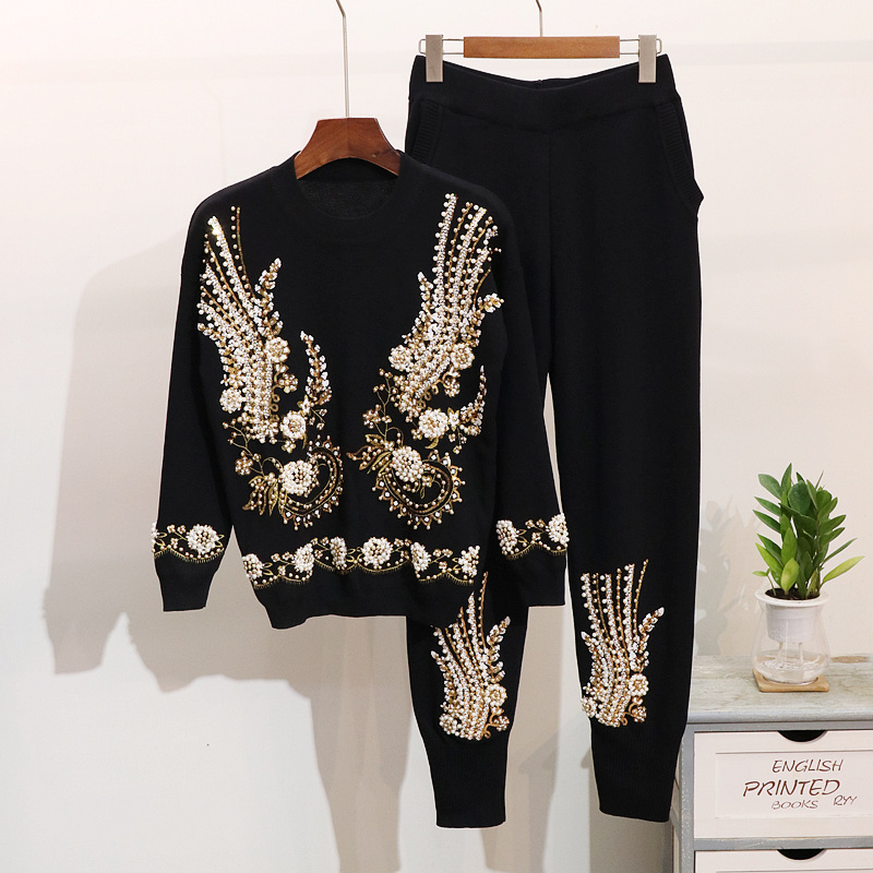 Winter New Fashion Women Knitted Sets Beaded sequin embroidery long-sleeved sweater Harlan feet pants suit women от DHgate WW