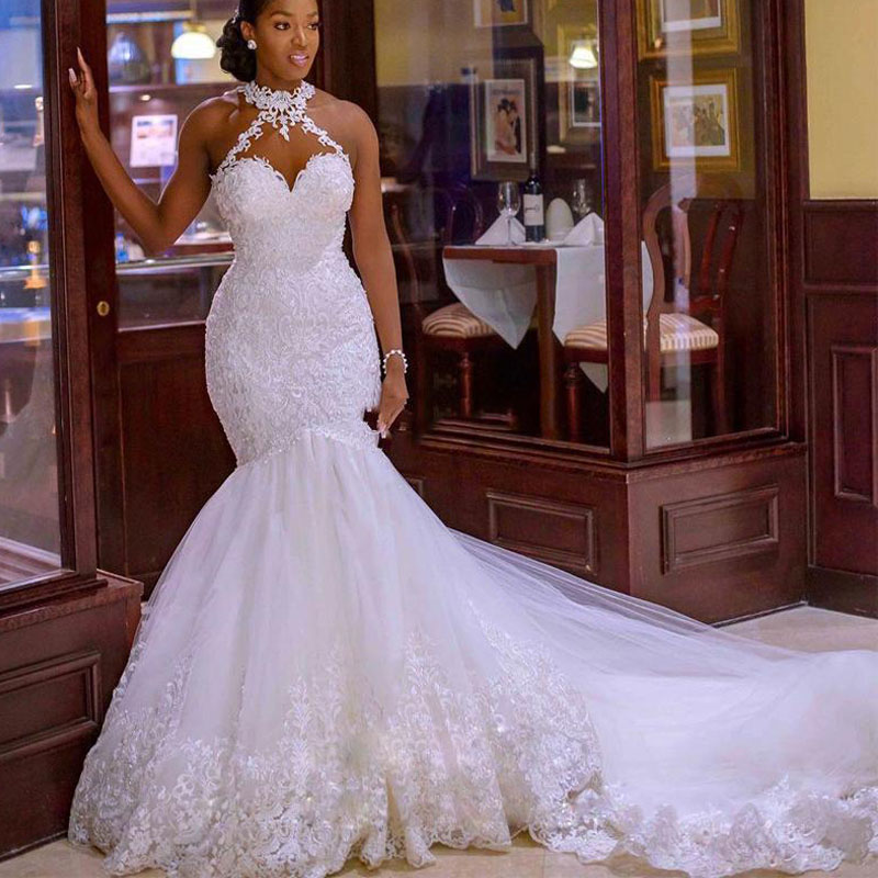 Charming High Colla Lace Appliques Mermaid Wedding Dresses r Button Back Long Train Church Wedding Gowns Pearls Tulle Country Bridal Dress