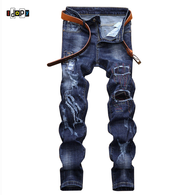 Idopy Men`s Fashion Patchwork Jeans Hip Hop Street Style Ripped Destroyed Vintage Washed Brand Designer Denim Joggers Trousers