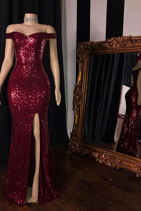 Real Image Sexy Burgundy Sequins Side Split Prom Dresses Mermaid Sleeveless V Neck Dress Evening Wear Custom Party Gowns